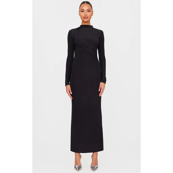 Black Slinky Long Sleeve Maxi Dress