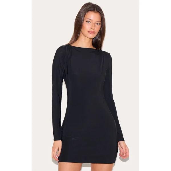 Black Slinky Long Sleeve Mini Dress