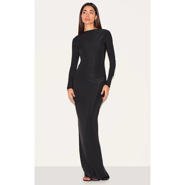 Black Slinky Long Sleeve Open Back Maxi Dress