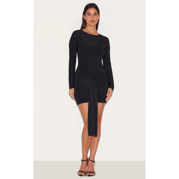 Black Slinky Long Sleeve Wrap Twist Detail Mini Dress