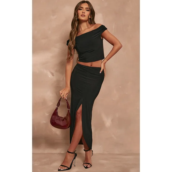 Black Slinky Low Rise Midaxi Split Front Skirt