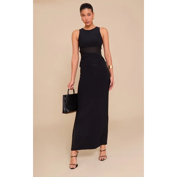 Black Slinky Mesh Cut Out Maxi Dress
