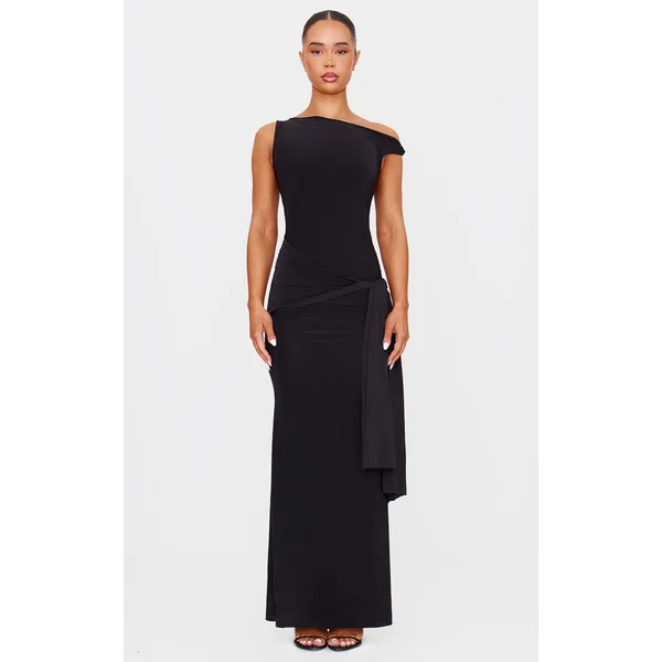 Black Slinky Off Shoulder Wrap Detail Maxi Dress