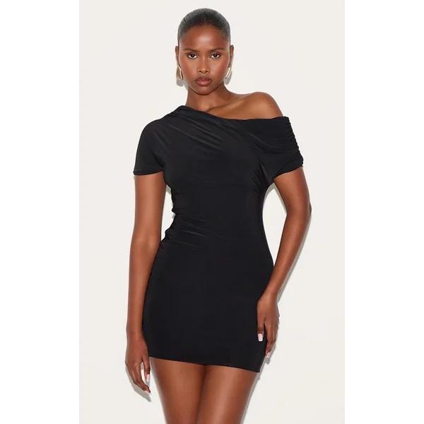 Black Slinky Off The Shoulder Ruched Mini Dress