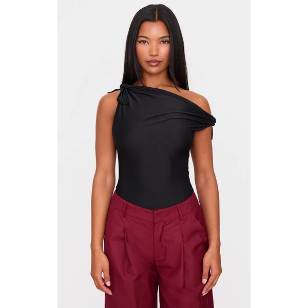 Black Slinky Tie Shoulder Asymmetric Bodysuit
