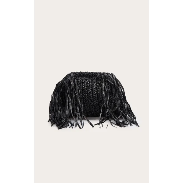 Black Slouchy Raffia Fringe Clutch