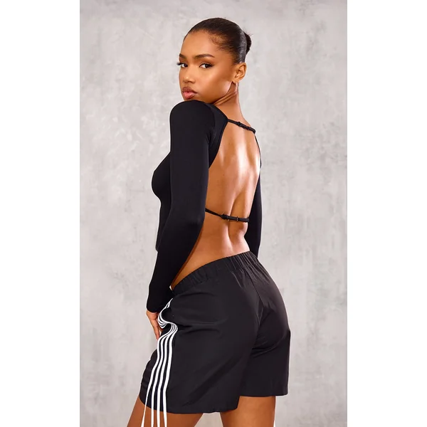 Black Snatched Rib Back Detail Long Sleeve Top