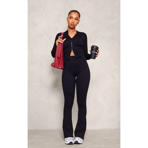 Black Snatched Rib Double Zip Top