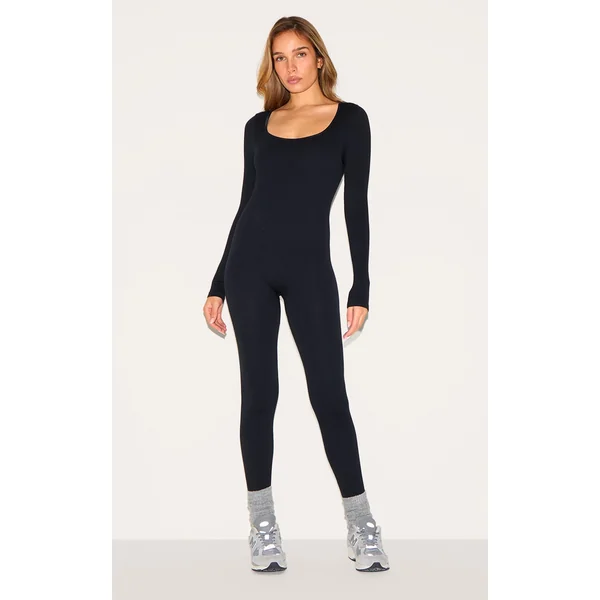 Black Snatched Rib Square Neck Long Sleeve Jumpsuit