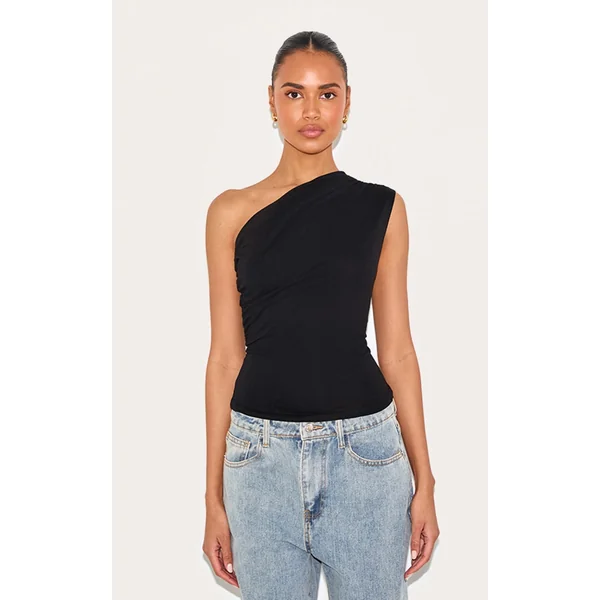 Black Soft Cotton Asymmetric One Shoulder Long Top
