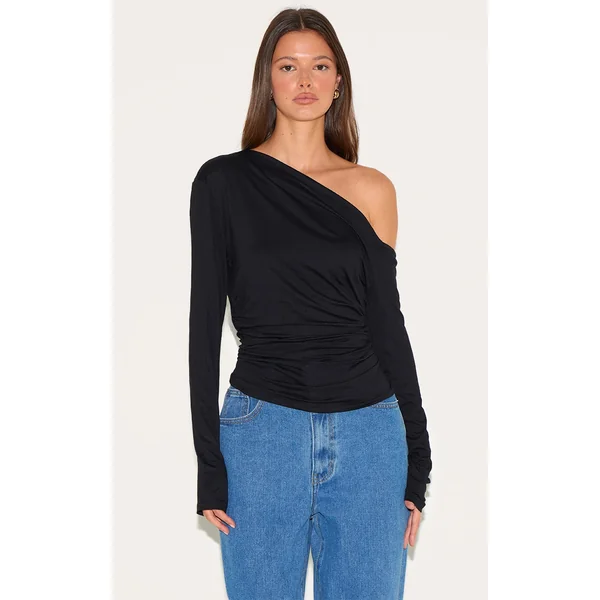 Black Soft Cotton Asymmetric Ruched Long Sleeve Top