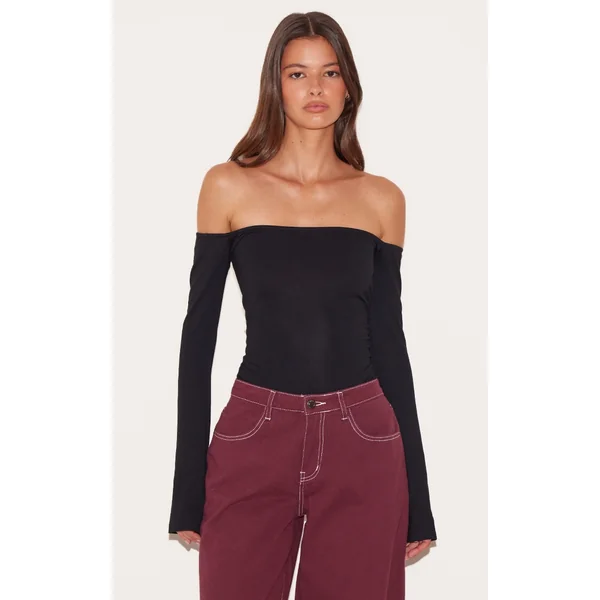 Black Soft Cotton Bardot Long Sleeve Top
