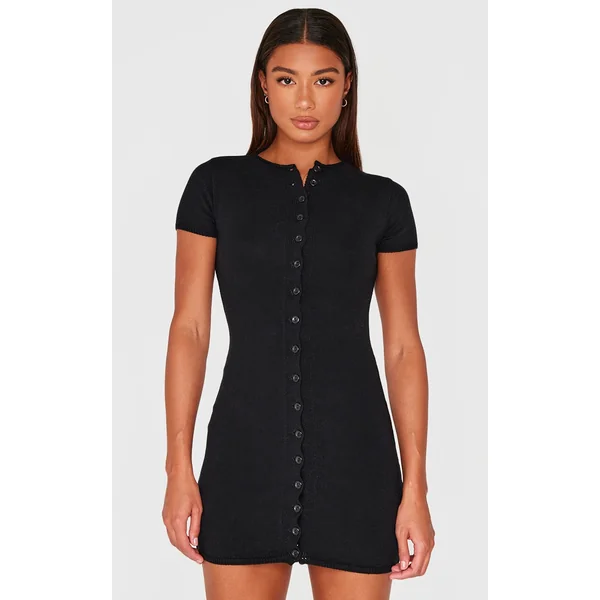 Black Soft Knit Button Through Mini Dress