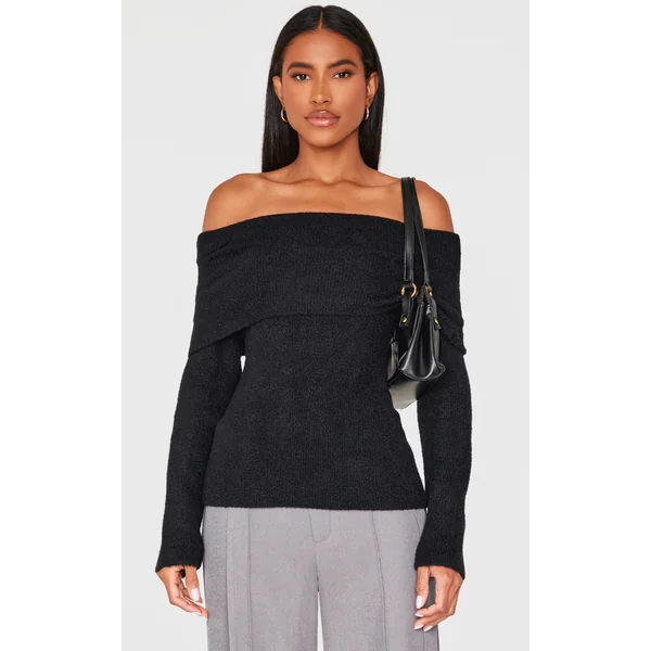 Black Soft Knit Foldover Bardot Top