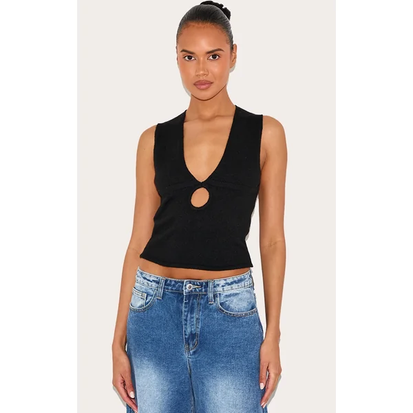 Black Soft Knit Plunge Detail Crop Top