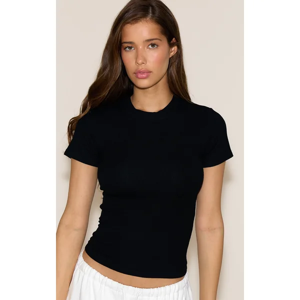 Black Soft Rib Crew Neck Short Sleeve Top
