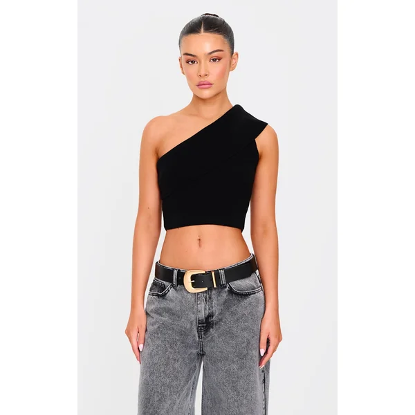 Black Soft Rib Knit One Shoulder Fold Over Crop Top