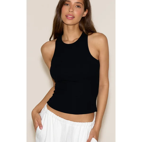 Black Soft Rib Racer Neck Vest Top