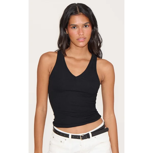 Black Soft Rib V Neck Vest Top