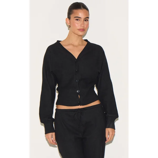 Black Soft Ribbed Button Up Cardigan