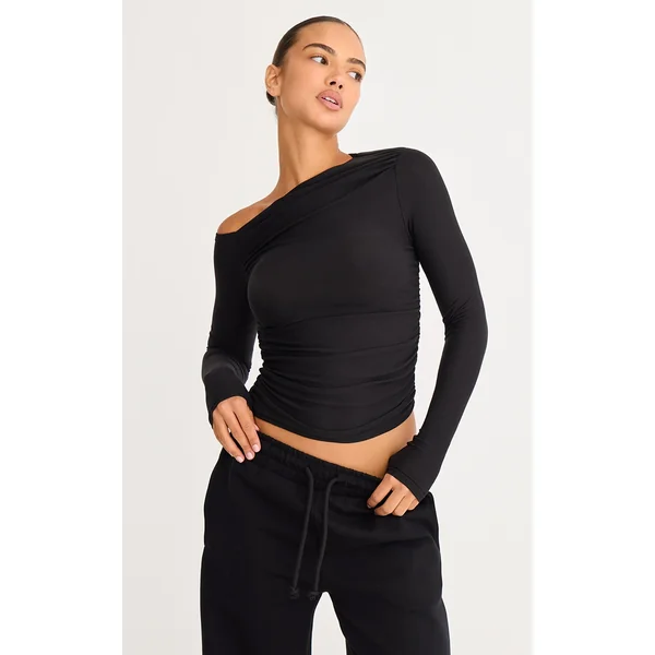 Black Soft Touch Asymmetric Detail Long Sleeve Top