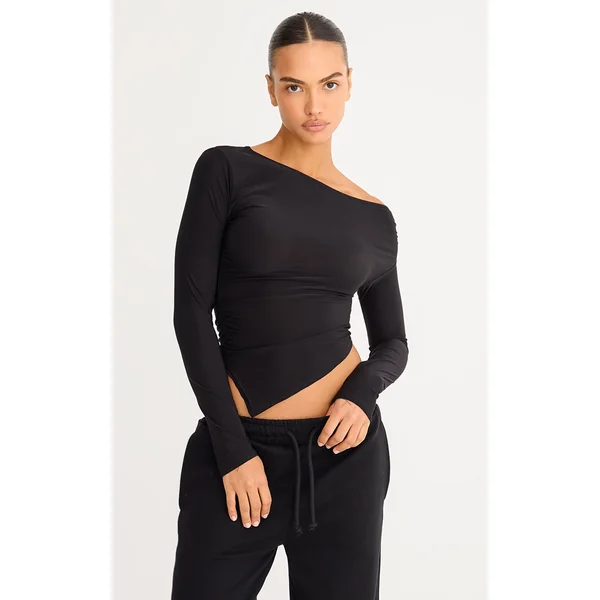 Black Soft Touch Asymmetric Ruched Long Sleeve Top