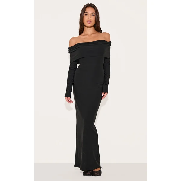 Black Soft Touch Bardot Long Sleeve Maxi Dress