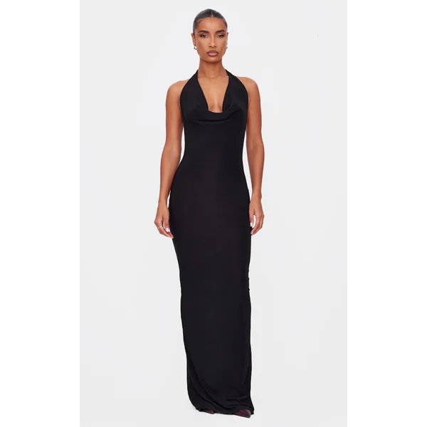 Black Soft Touch Cowl Neck Twist Back Detail Maxi Dress