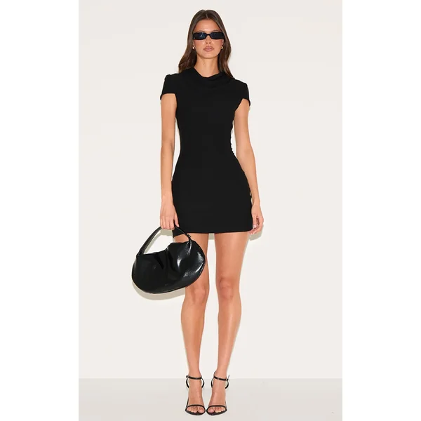Black Soft Touch High Neck Cowl Bodycon Dress