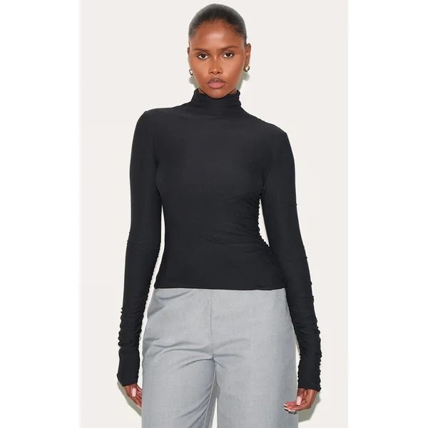 Black Soft Touch High Neck Ruched Sleeve Top