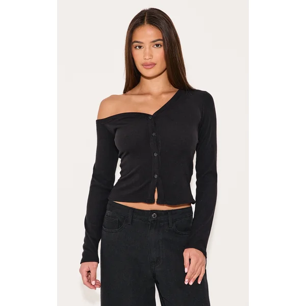 Black Soft Touch Rib Asymmetric Detail Long Sleeve Top