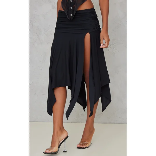 Black Soft Touch Ruched Asymmetric Midi Skirt