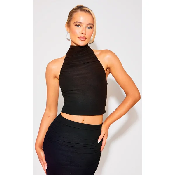 Black Soft Touch Ruched Halterneck Crop Top