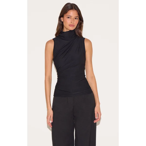 Black Soft Touch Ruched Side High Neck Top