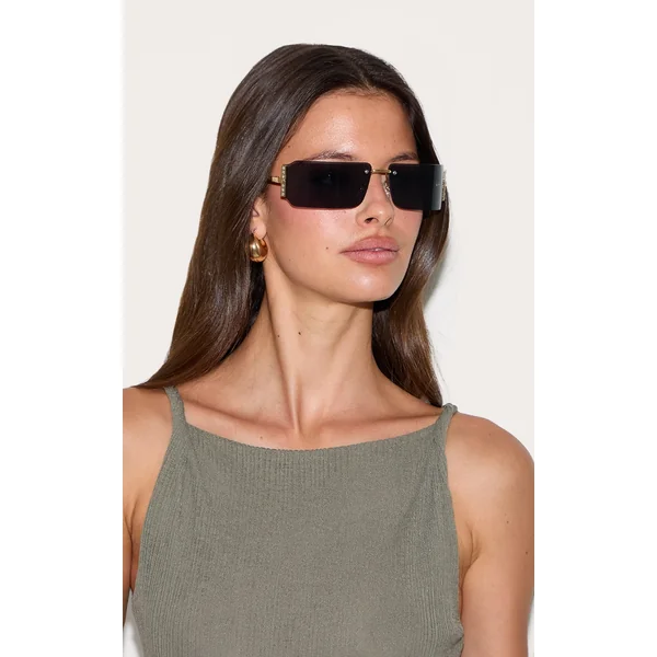 Black Square Diamante Side Wrap Round Sunglasses
