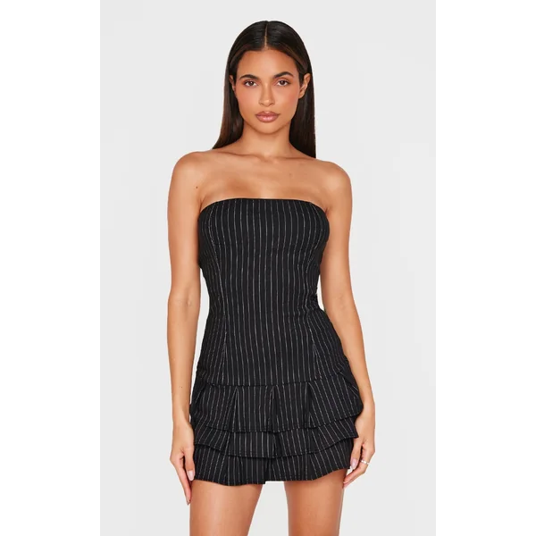 Black Stitch Detail Bandeau Frilled Shift Dress