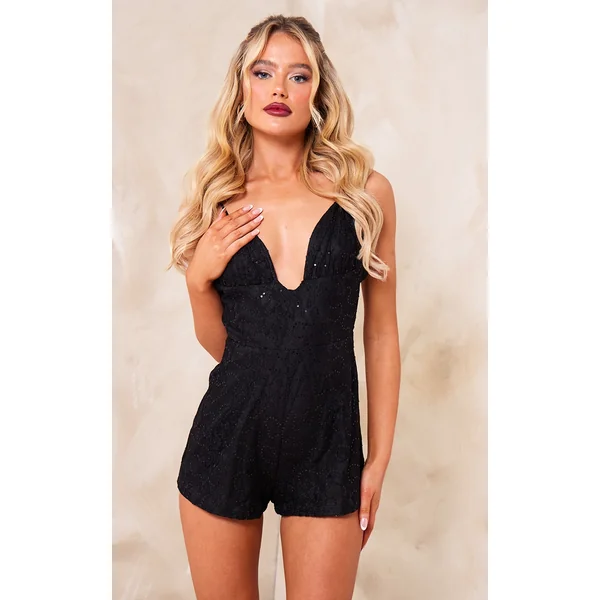 Black Strappy Lace Sequin Romper
