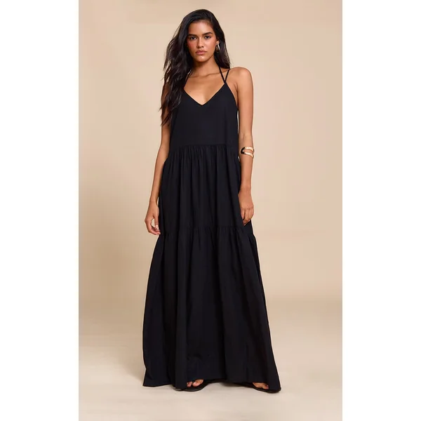 Black Strappy Ruched Maxi Dress