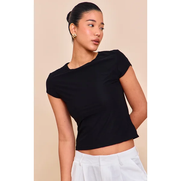 Black Stretch Chiffon Cap Sleeve Fitted T Shirt