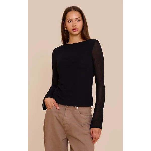 Black Stretch Chiffon Loose Fit Flared Long Sleeve Top