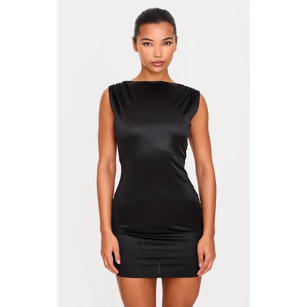Black Stretch Satin Boat Neck Mini Dress