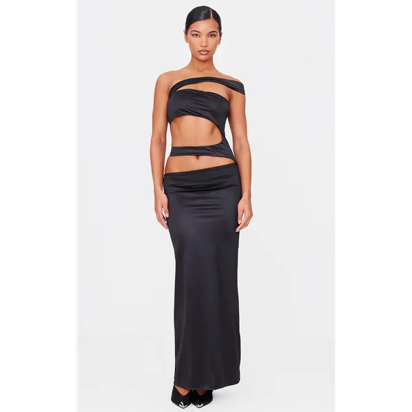 Black Stretch Satin Cut Out Maxi Dress