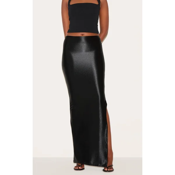 Black Stretch Satin Split Side Maxi Skirt