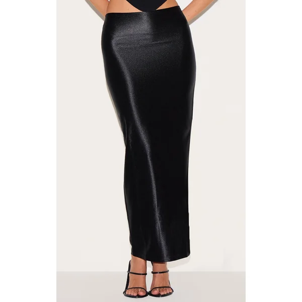 Black Stretch Satin Split Side Midaxi Skirt