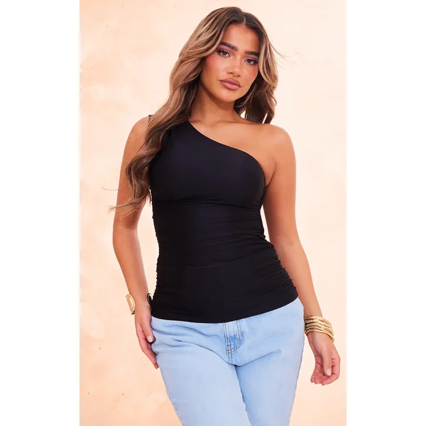 Black Stretch Slinky Ruched Side Long Top