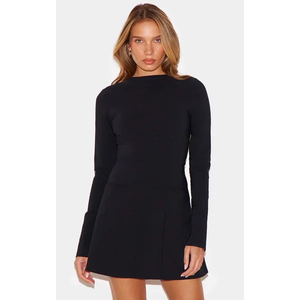 Black Stretch Woven Boat Neck Flare Sleeve Shift Dress