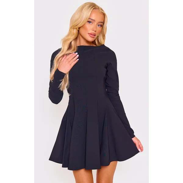 Black Stretch Woven Boat Neck Long Sleeve Pleated Shift Dress
