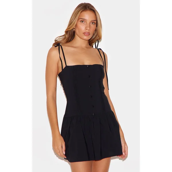 Black Stretch Woven Button Down Pleated Mini Dress