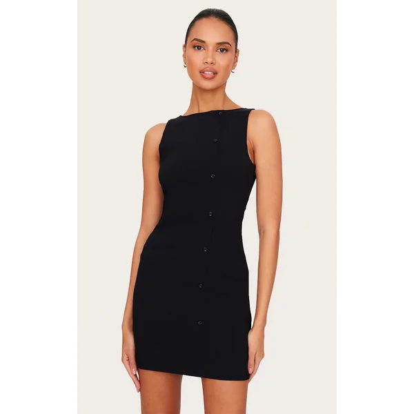 Black Stretch Woven Button Down Shift Dress