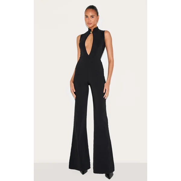 Black Stretch Woven Collared Gold Trim Straight Leg Jumpsuit